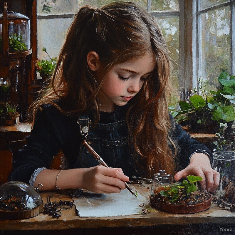 A young girl paints or draws surrounded by plants and terrariums