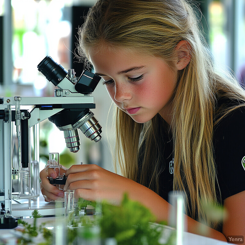 A young girl examining a plant specimen through a microscope in what appears to be a classroom or laboratory setting.