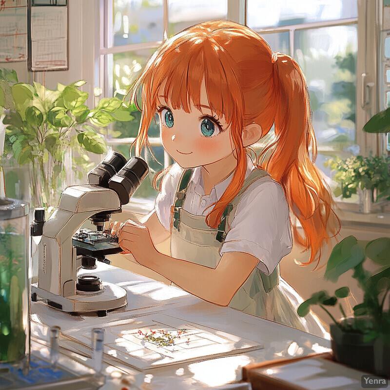 A young girl examines a sample under a microscope in a classroom or laboratory setting.