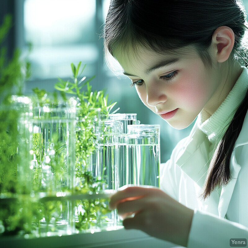 A young girl conducts scientific experiments in a laboratory setting, surrounded by glassware and plants.