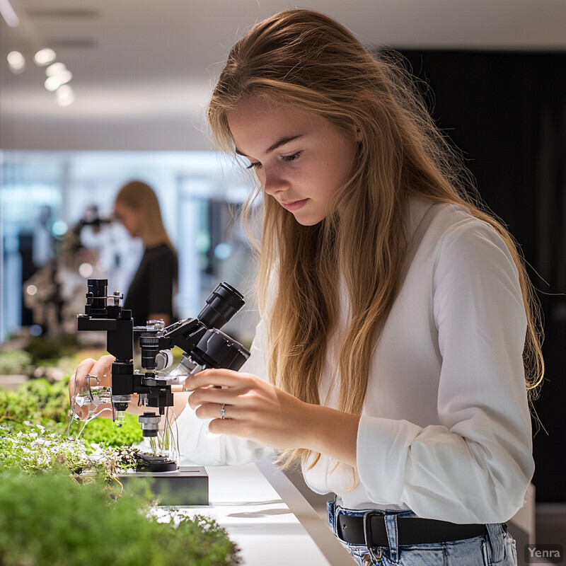 A young woman examines plants through a microscope in a laboratory setting.