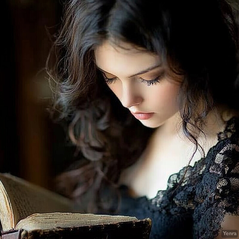 A young woman reads an old book