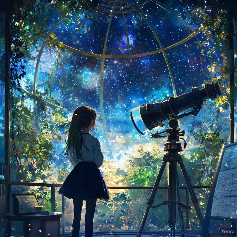 A young girl gazes up at the night sky with a telescope in an observatory.