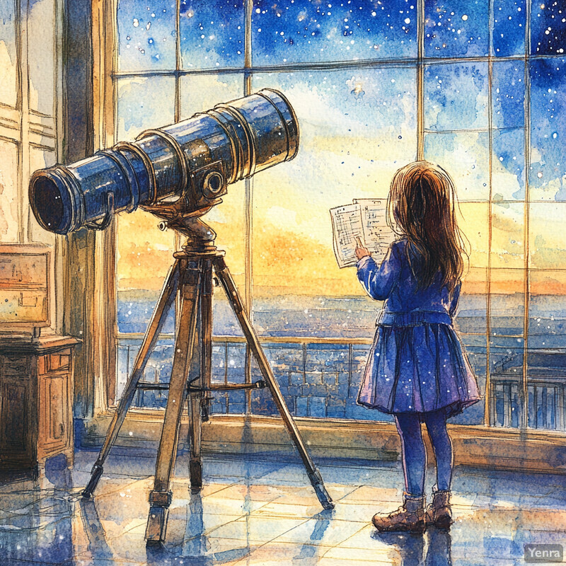 A young girl stands in front of a window, gazing out at the night sky through a telescope