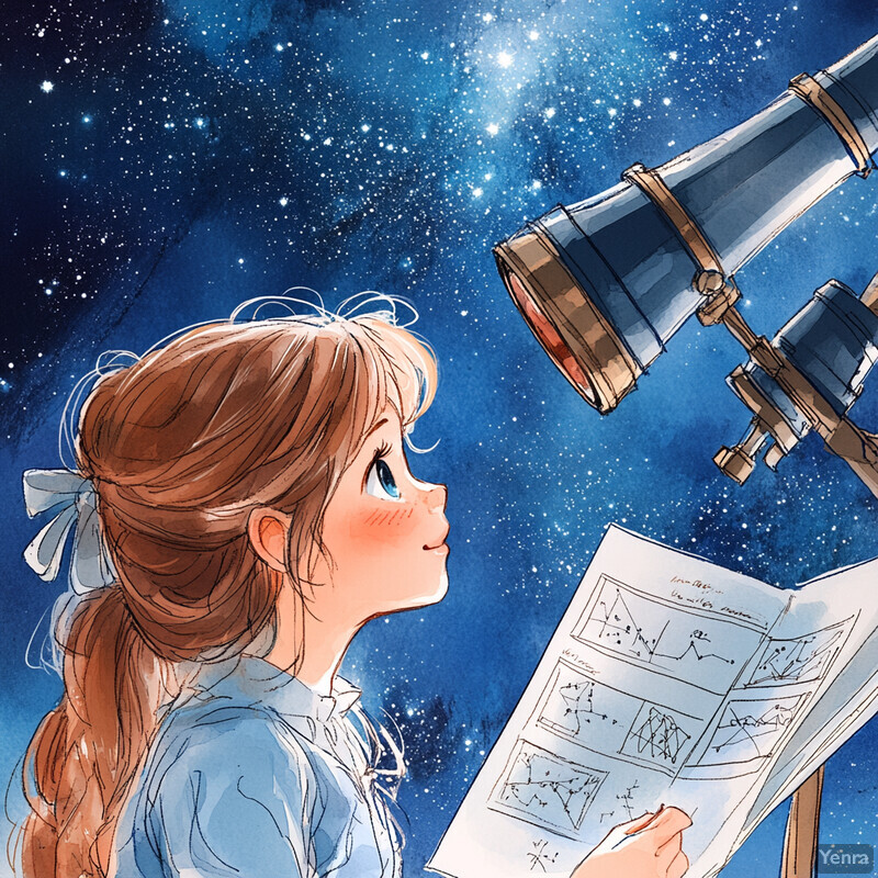 A young girl gazes at the night sky through a telescope, surrounded by stars and holding an open book of charts.