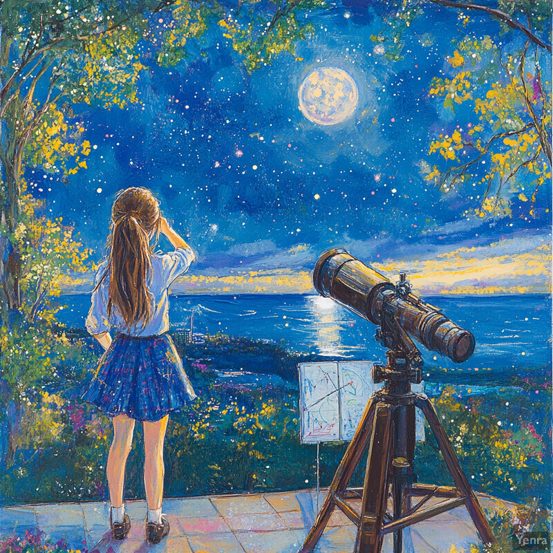 A young girl gazes up at the night sky through an antique telescope, set against a backdrop of a city skyline.