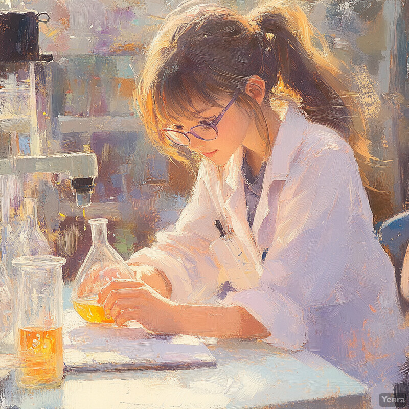 A young woman in a lab coat conducts an experiment or analyzes a sample, surrounded by scientific equipment and chemicals.