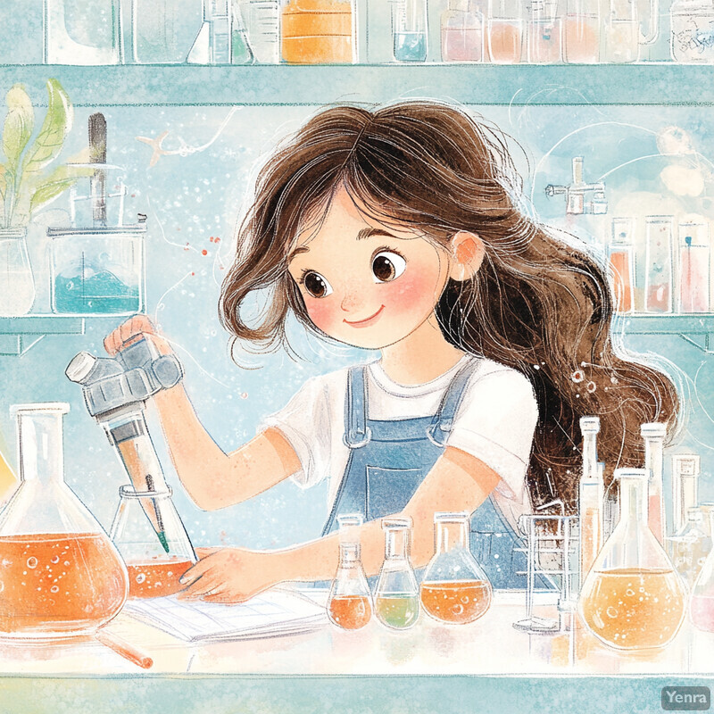 A young girl conducts chemistry experiments in a laboratory setting.