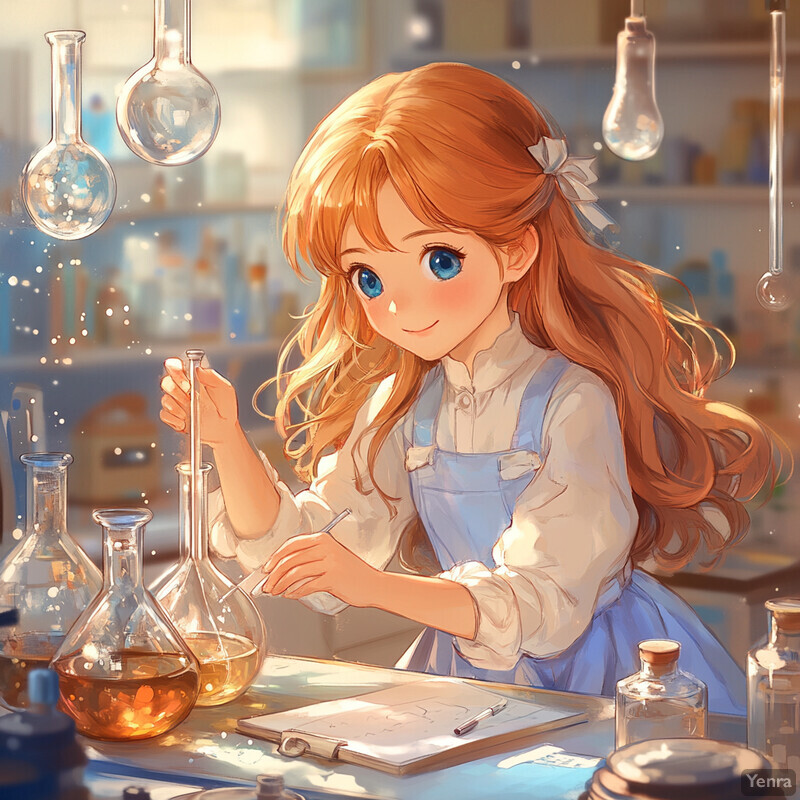 A young girl conducting a chemistry experiment at a laboratory bench