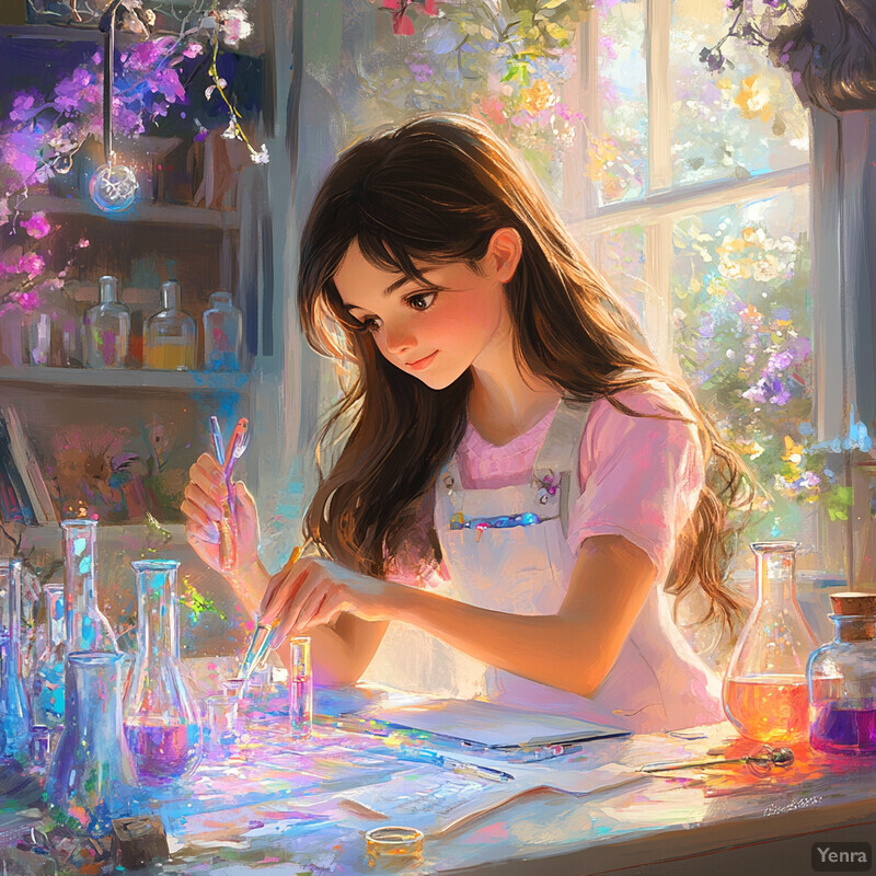 A young girl with long brown hair is engaged in scientific experiments or observations at a wooden table.