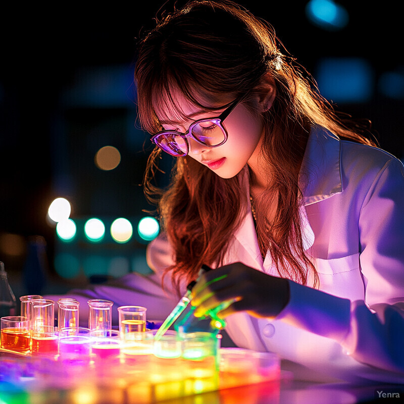 A woman in a lab coat works at a table with beakers and test tubes filled with colored liquids, holding a pipette to transfer liquid between containers.