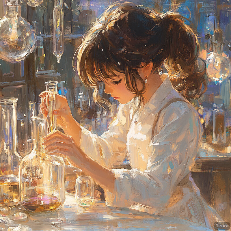 A woman in a white lab coat examines a glass bottle filled with yellowish liquid in a laboratory setting.