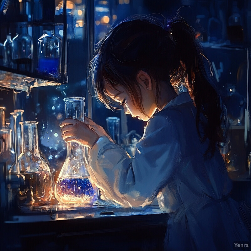 A young girl in a lab coat examines a beaker filled with blue liquid on a laboratory bench.