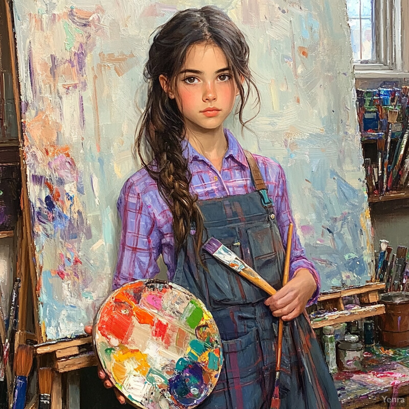 A young girl stands in front of an easel, holding a paintbrush and palette, surrounded by art supplies and paintings in a studio or workshop setting.