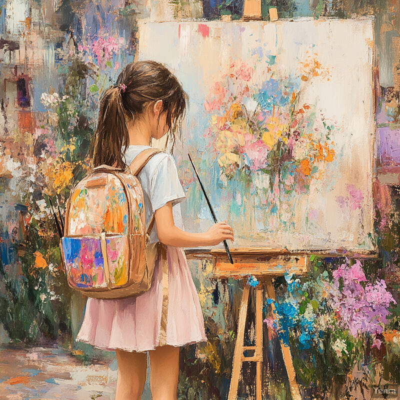 A young girl paints on an easel with a colorful floral backdrop