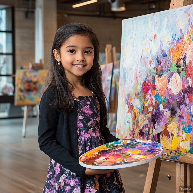 A young girl proudly displays her artwork on an easel, surrounded by vibrant colors.