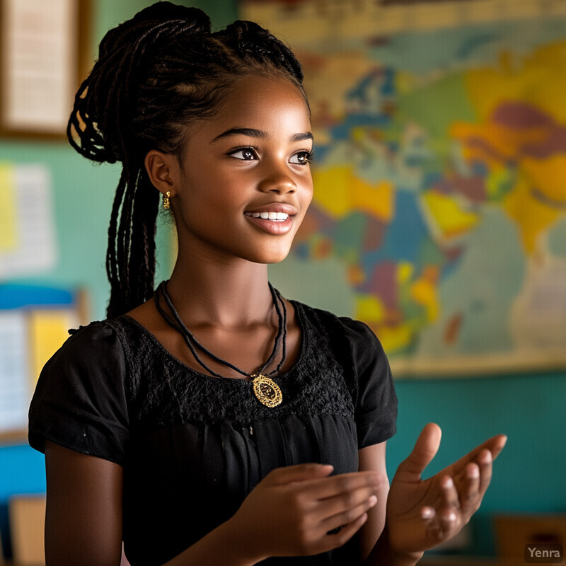 A young girl with dark skin and black hair styled in braids, wearing a black shirt and a gold necklace.