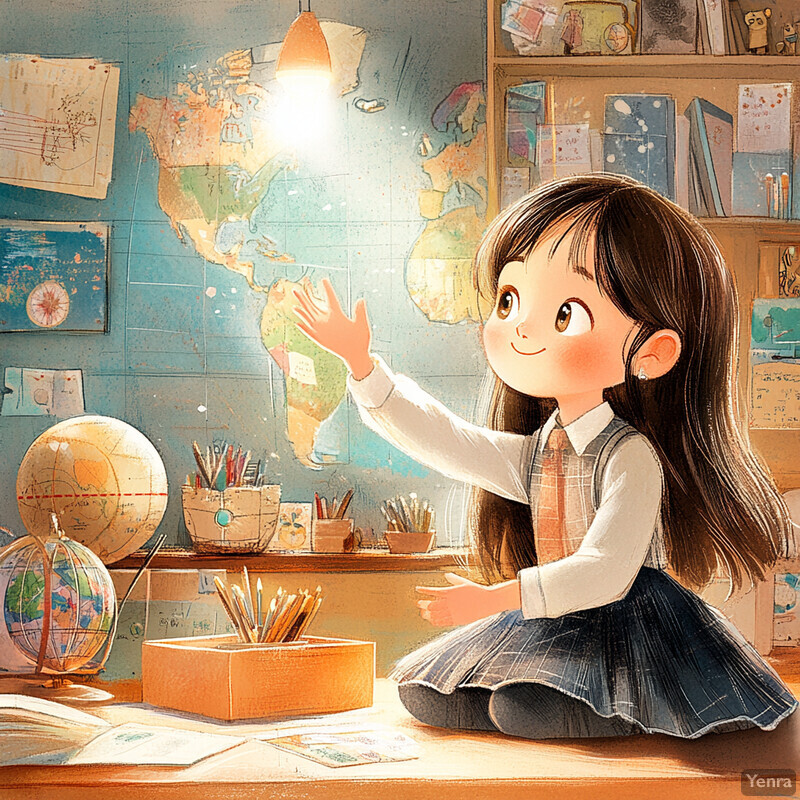 A young girl sits in front of a desk, surrounded by school supplies and objects, looking up at a light fixture.