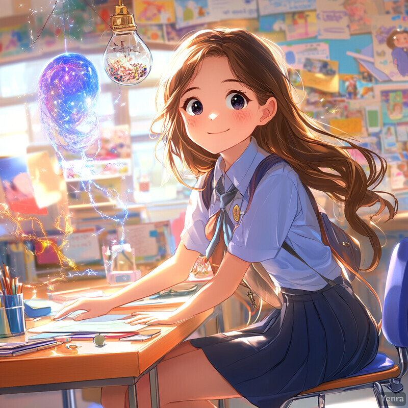 A young girl with long brown hair sits at her desk in a classroom, surrounded by colorful objects and engaged in a reading assignment or project.