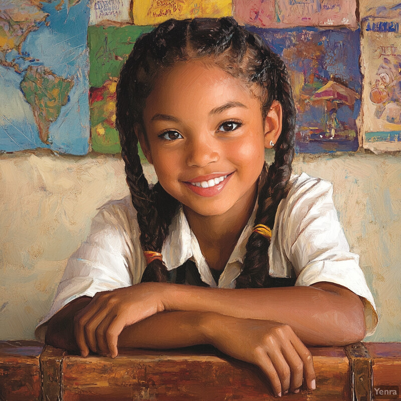 A young girl sitting in front of a colorful wall, holding a book or tablet and smiling.