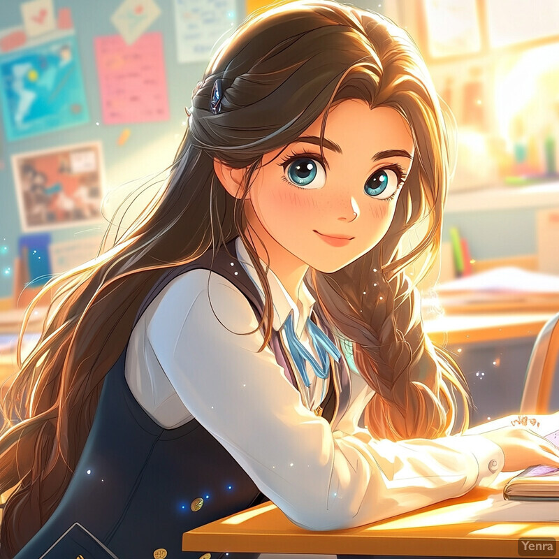 A young girl with blue eyes and long brown hair sits at her desk in a classroom, surrounded by papers on the wall.