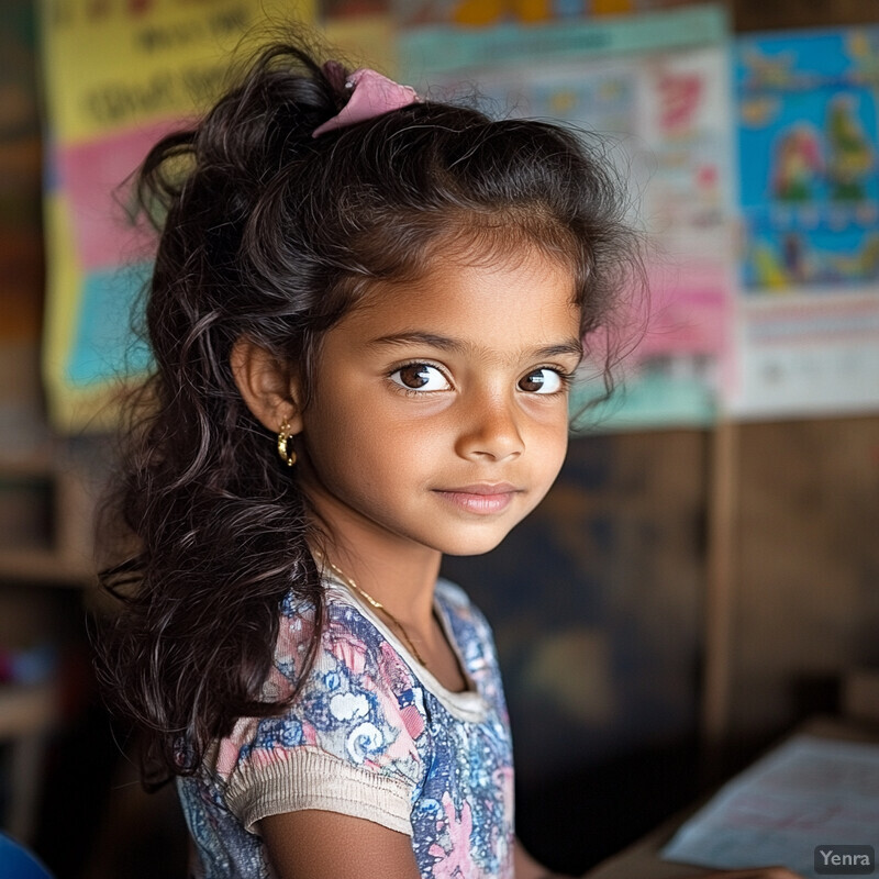 A young girl with dark skin and long black hair looks off to the right side of the frame in a classroom setting.