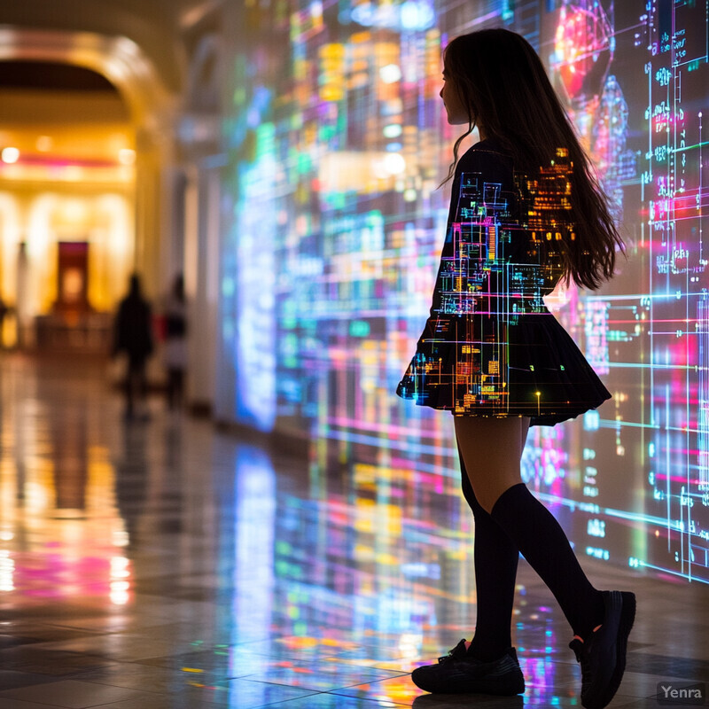 A young girl stands in front of a wall covered in colorful equations, exuding confidence and curiosity.