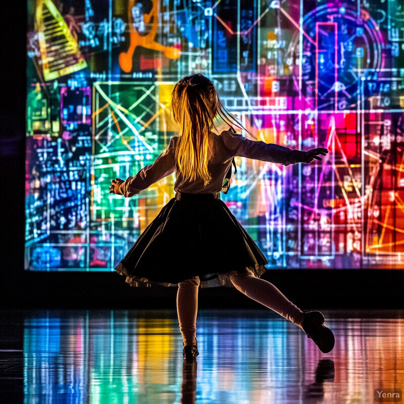 A young girl dances in front of a large screen displaying colorful equations