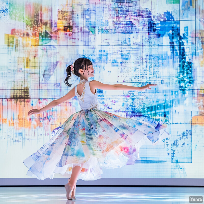 A young girl dances with equations on a colorful wall.