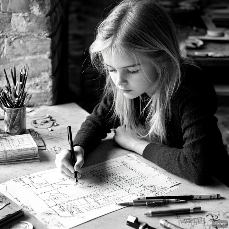 A young girl draws on paper at a desk.