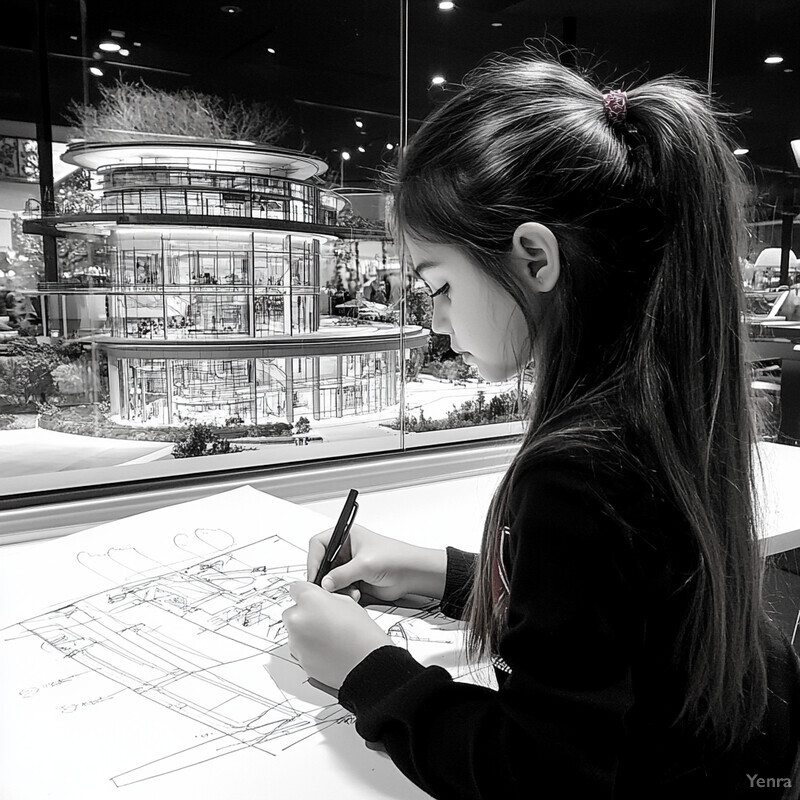 A young girl with long hair tied in a ponytail sits at a table, intently focused on sketching or drawing on paper.