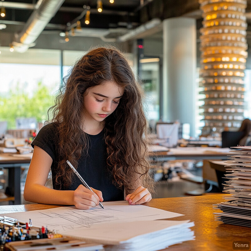 A young girl with long brown hair is focused on her work at a desk in an office setting.