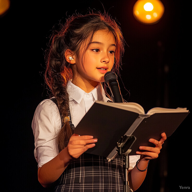 A young girl confidently delivers a speech or poem at a school event or recital.