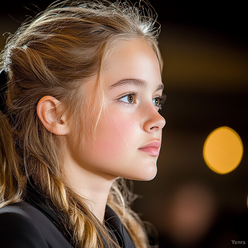 A young girl with long blonde hair looks to the right in a darkened room.