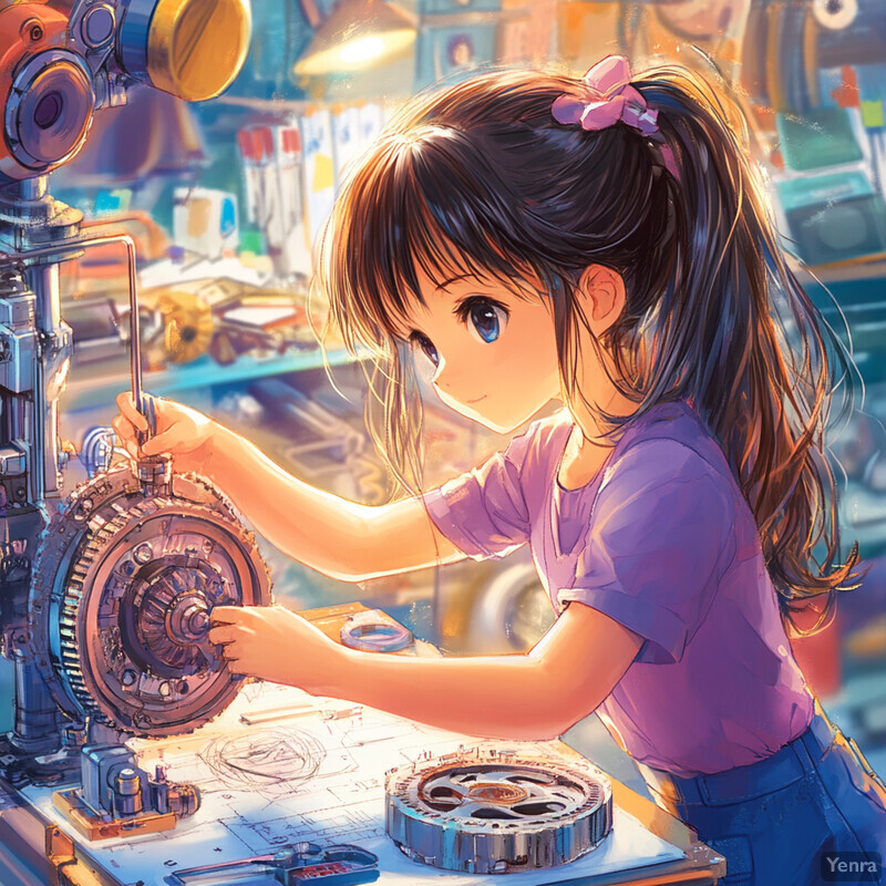 A young girl works on a machine in a workshop setting