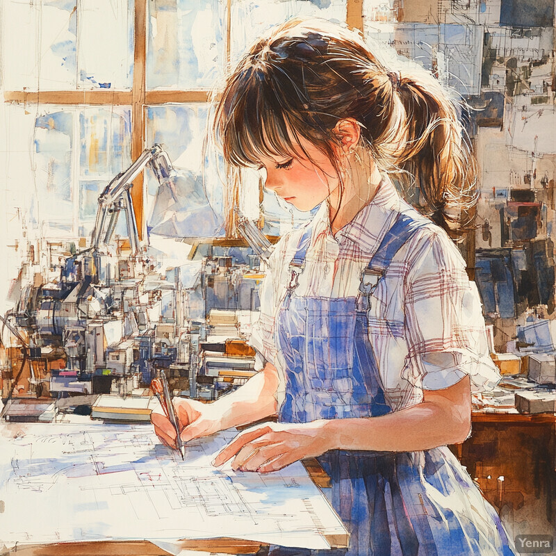 A young girl draws at a desk in a cozy room filled with art supplies.