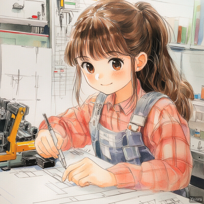 A young girl drawing at a desk in a workshop or classroom setting