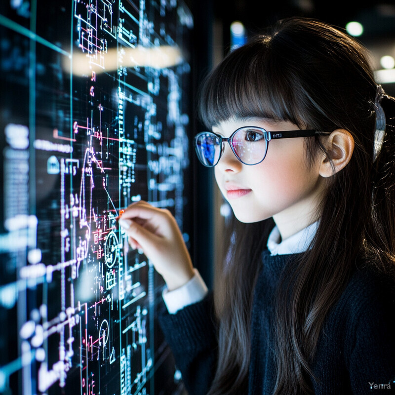 A young girl studies complex equations on a large screen.