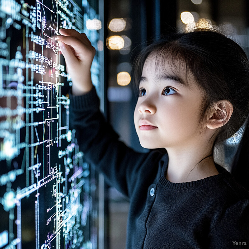 A young girl studies mathematical equations and graphs on a large screen.