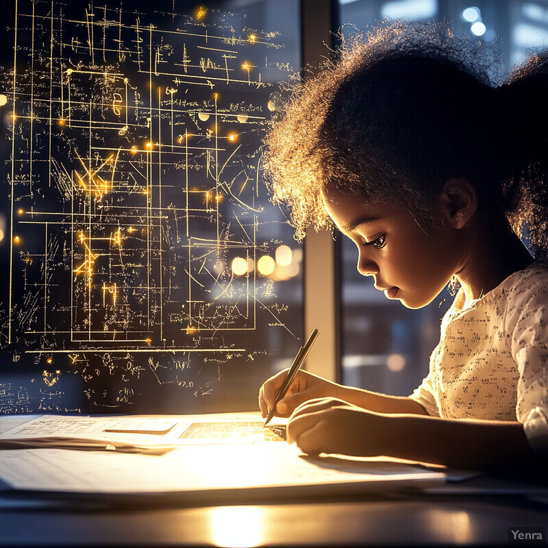 A young girl works diligently on a math problem at her desk.