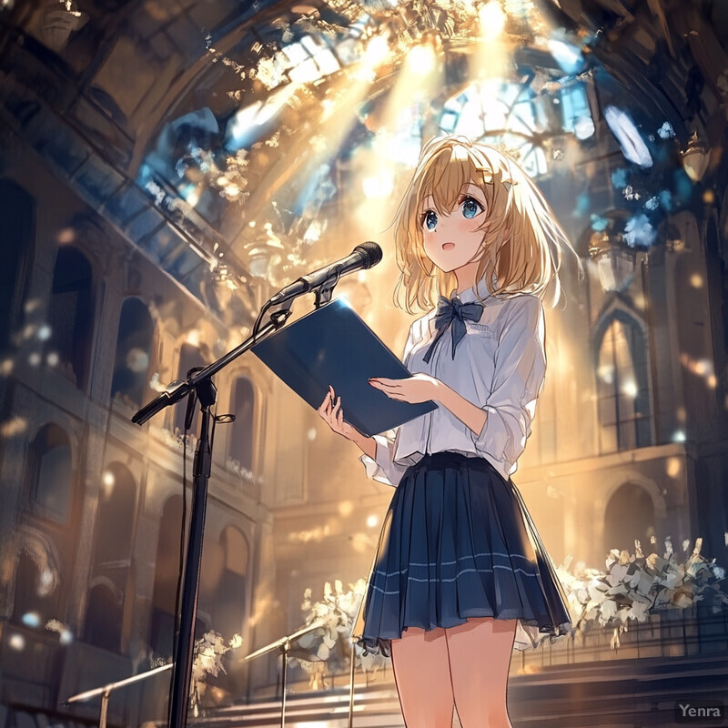 A young girl with blonde hair and blue eyes stands confidently in front of a microphone, holding a piece of paper and dressed in a white blouse and black skirt.