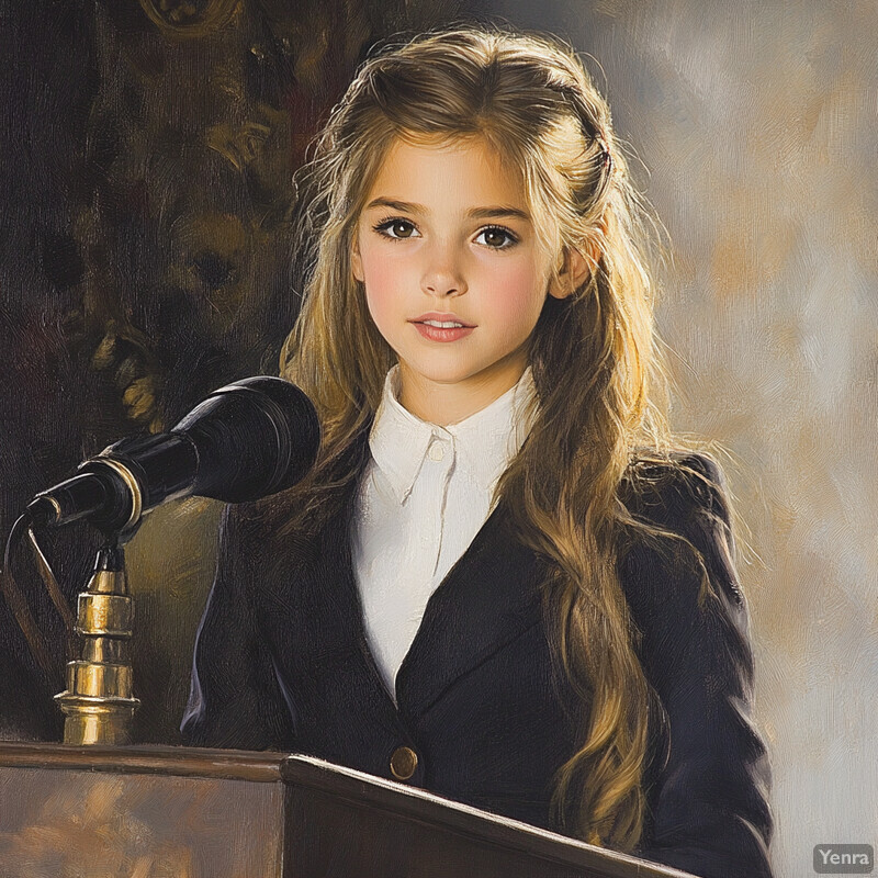 A young girl stands confidently behind a podium, addressing an audience through a microphone.