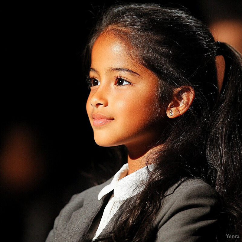 A young girl with dark hair and a gray blazer gazes to her left in this enigmatic portrait.