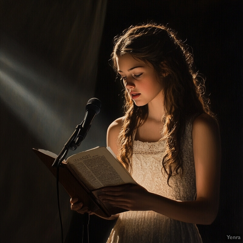 A young girl with long brown hair reads from an open book in front of a microphone.