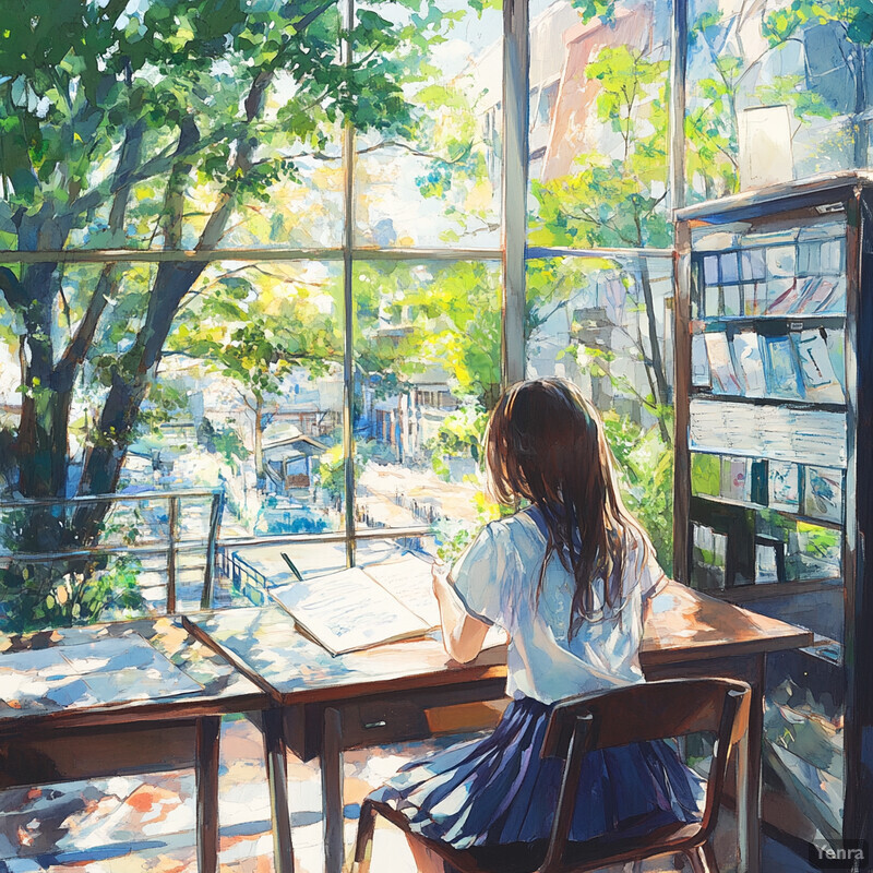 A serene scene of a young girl sitting at a desk in front of a large window, surrounded by lush greenery outside.