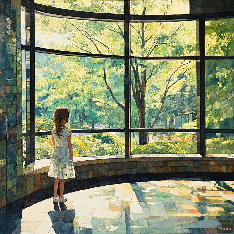 A young girl stands before a large window, gazing out at lush greenery, surrounded by natural materials and adorned with floral patterns.