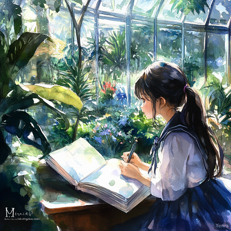 A young girl sits in front of a window, surrounded by greenery, intently focused on her sketchbook.