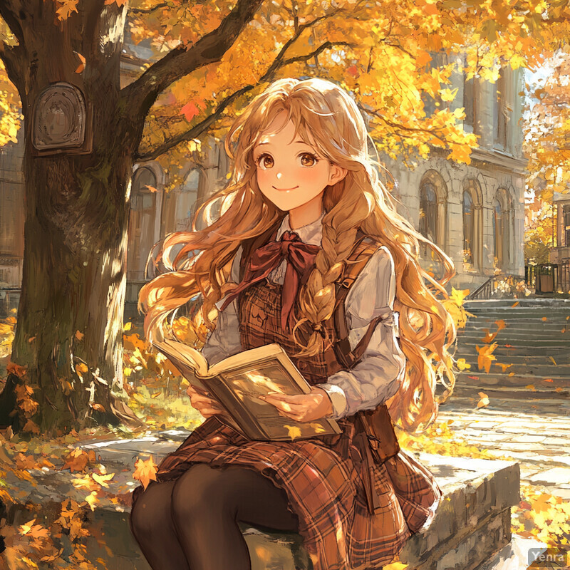 A young girl sitting on a stone wall reading a book in front of a large tree