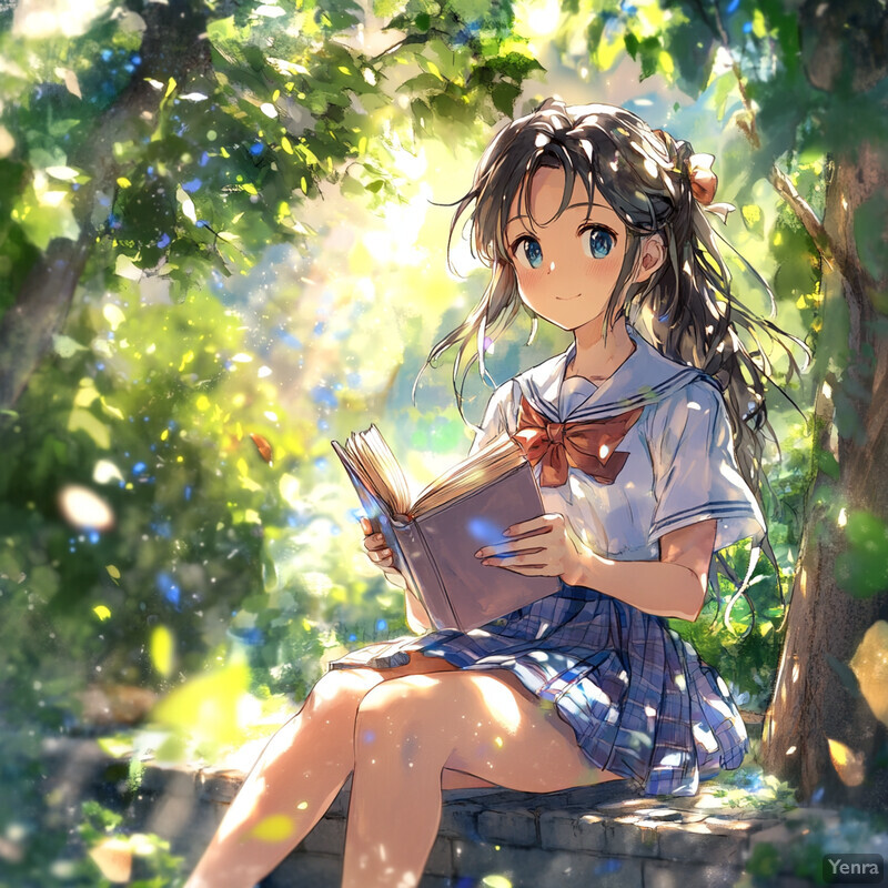 An anime-style illustration of a young girl reading a book in an outdoor setting