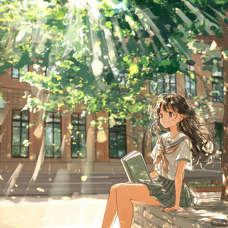 A young girl sits under a tree surrounded by greenery and flowers, exuding an atmosphere of peace and tranquility.